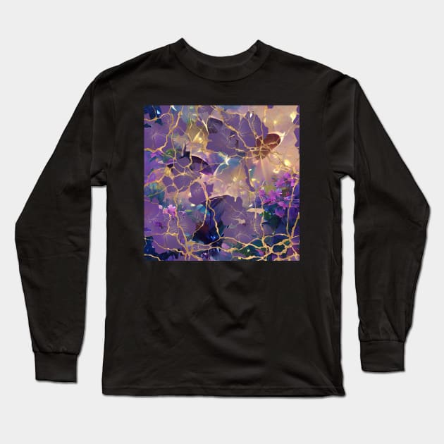 Japanese Garden: Butterflies and Flowers. Kintsugi Pattern Long Sleeve T-Shirt by CatCoconut-Art